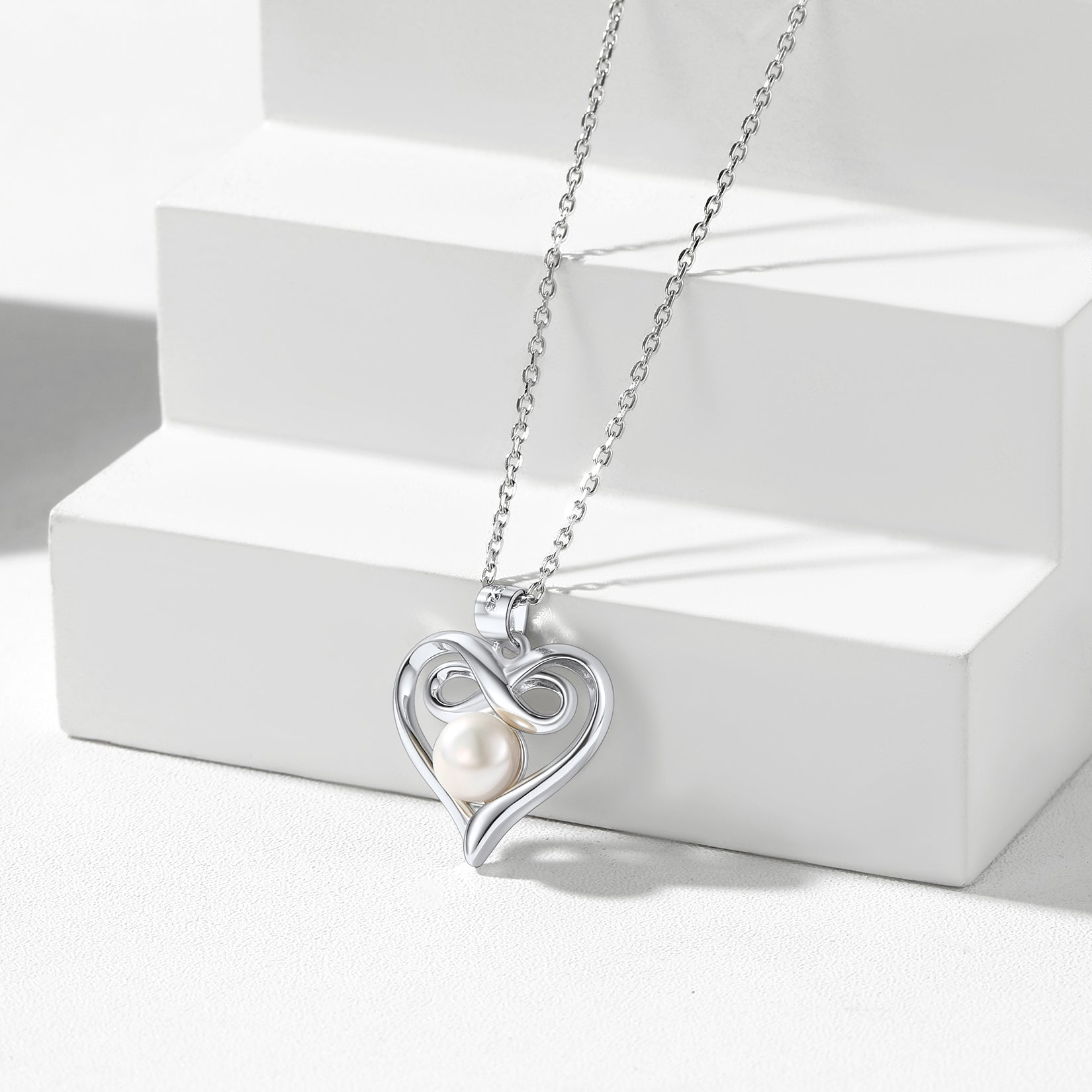 Elegant Heart Infinity Necklace with Freshwater Pearl - Sterling Silver Jewelry Gift for Her - Alrickas’ UNIQUE BOUTIQUE