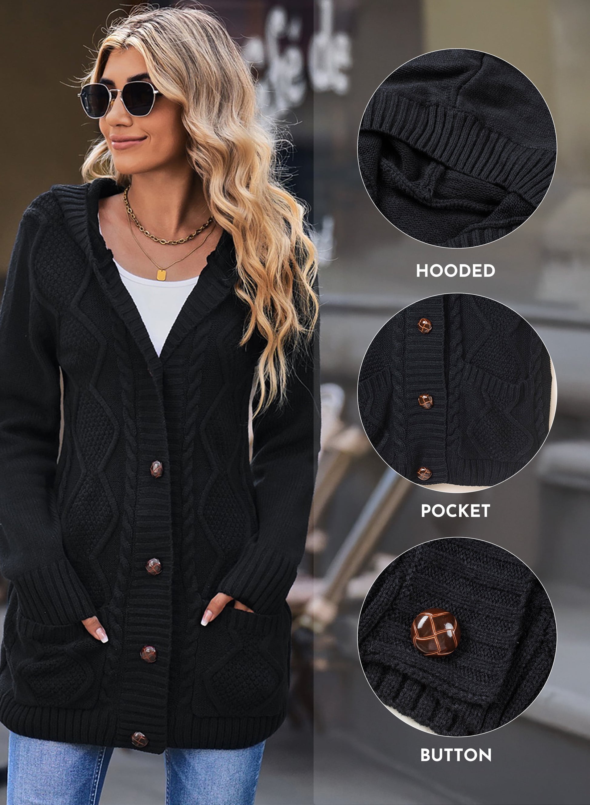 Chic Hooded Cardigan Sweater for Women - Long Sleeve Button-Down Knit Coat with Pockets - Alrickas’ UNIQUE BOUTIQUE