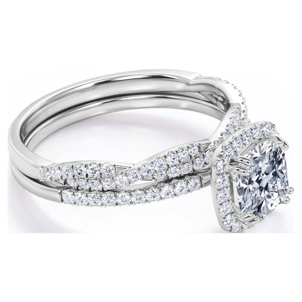1.5 Carat Cushion Cut Moissanite and Diamond Halo Wedding Ring Set in 10K White Gold