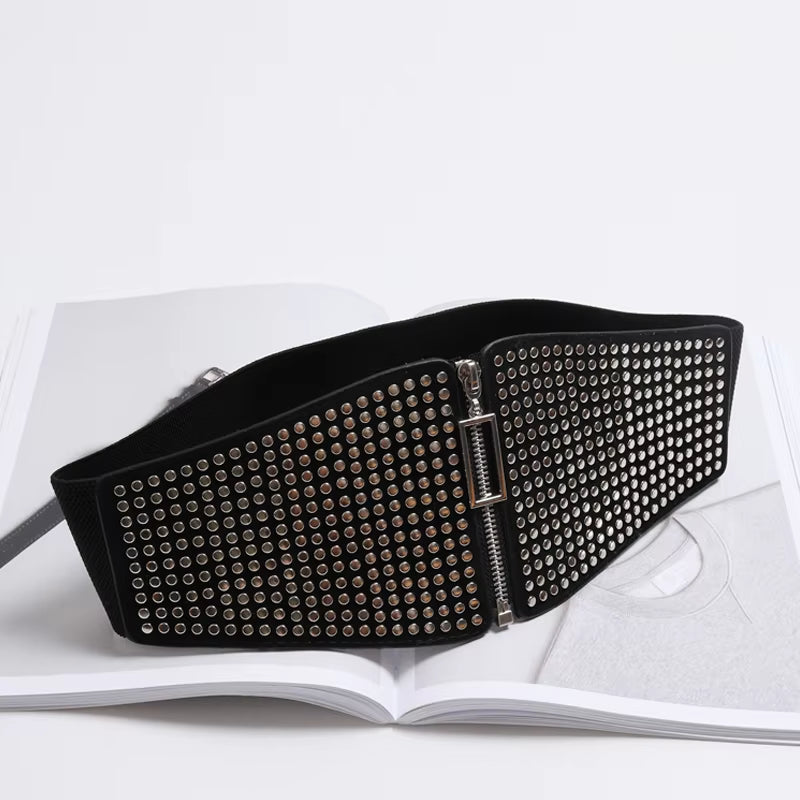 Gothic Punk Rivet Wide Elastic Corset Belt - Plus Size Stretch Cummerbund for Women - Alrickas’ UNIQUE BOUTIQUE