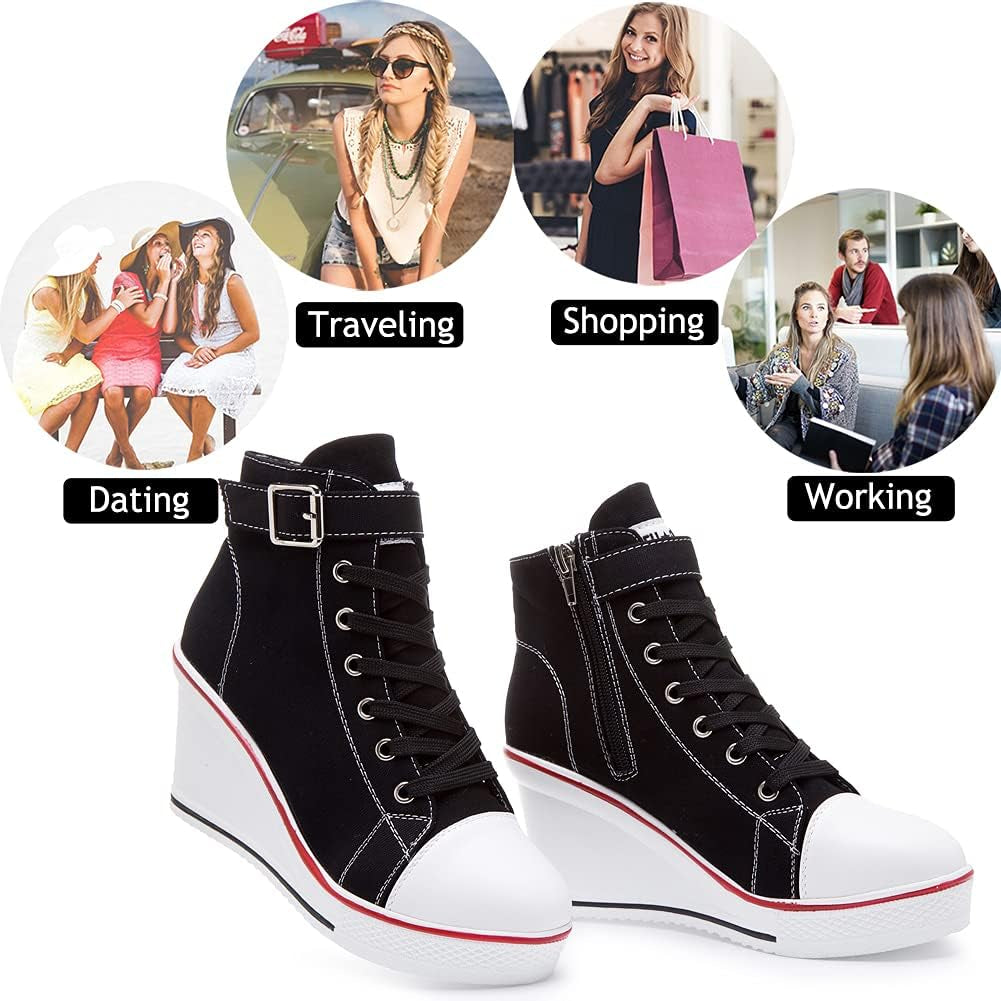 Stylish Wedge Heel Sneakers for Women - High Heel Canvas Shoes with Side Zipper & Lace-Up Design for College Students - Alrickas’ UNIQUE BOUTIQUE