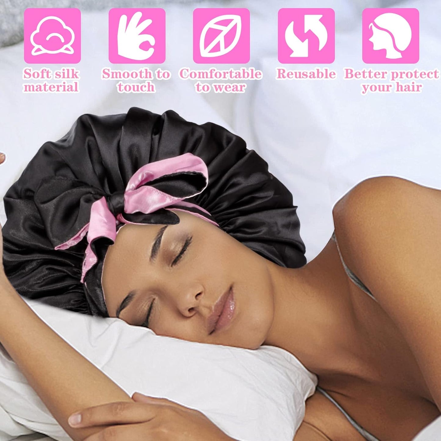 Jumbo Bonnet,Reversible Double Layer Satin Bonnet for Black Women,Adjustable Extra Large Sleeping Satin Lined Bonnet,Silk Bonnet Night Cap with Wide Tie Band for Braids Long Curly Hair(Black Pink)