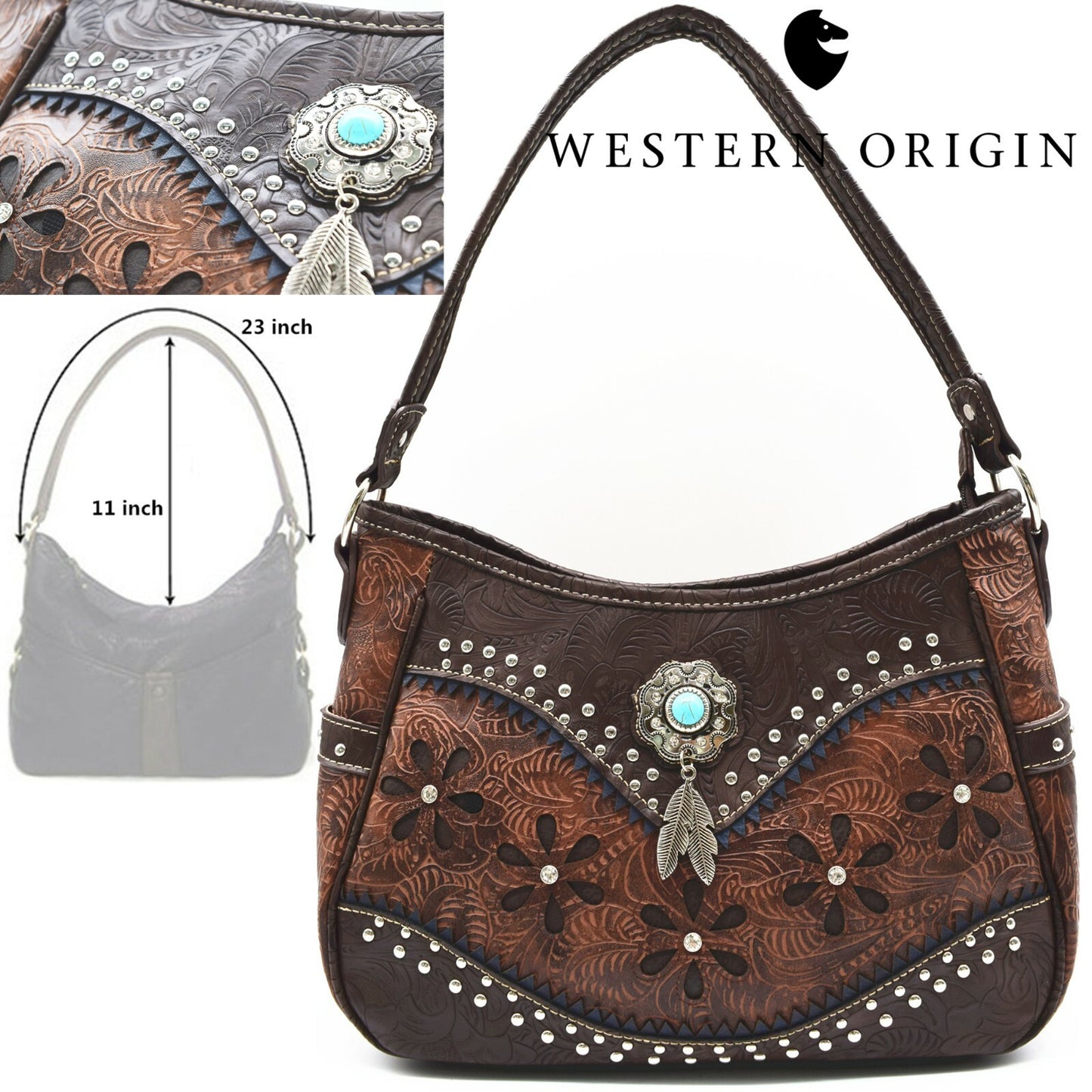 Western Handbag Concealed Carry Purse Feather Women Shoulder Bag Wallet Coffee