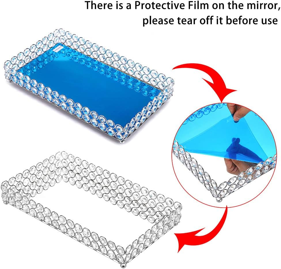 Elegant Large Crystal Makeup & Jewelry Organizer Tray - Mirrored Vanity Dresser & Bathroom Decor, 13.7" x 7.87 - Alrickas’ UNIQUE BOUTIQUE