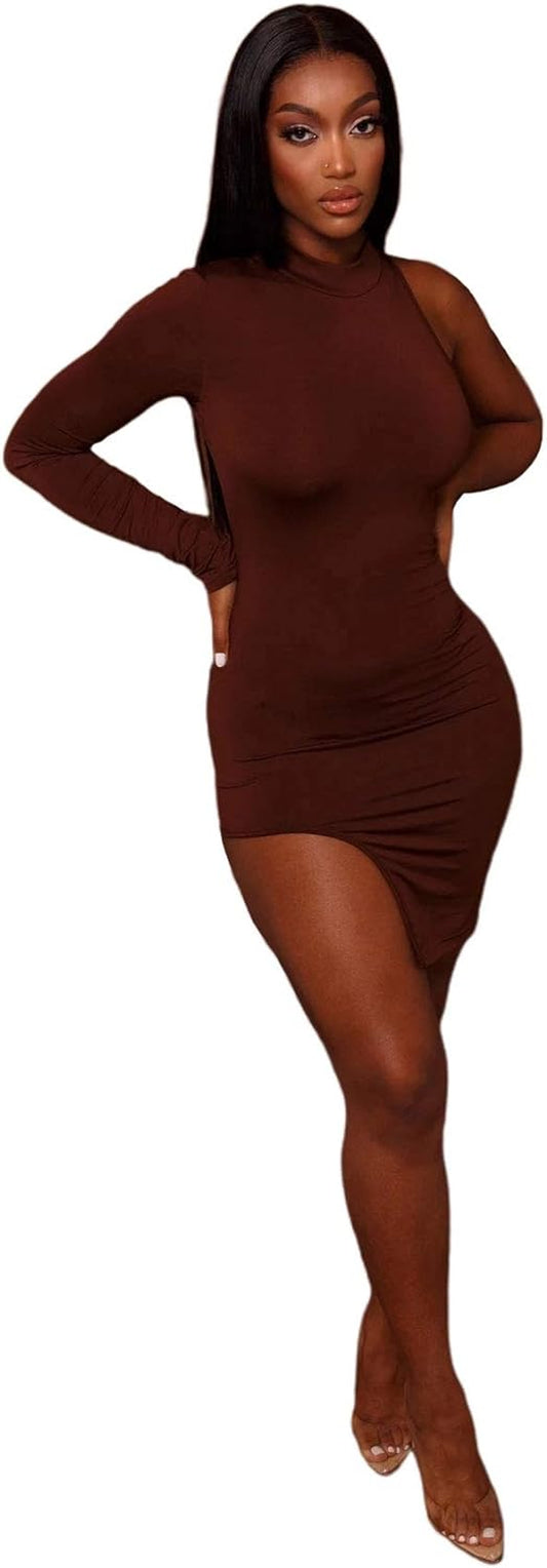 Chic One Shoulder Long Sleeve Bodycon Dress with Side Slit - Perfect for Parties and Clubwear - Alrickas’ UNIQUE BOUTIQUE
