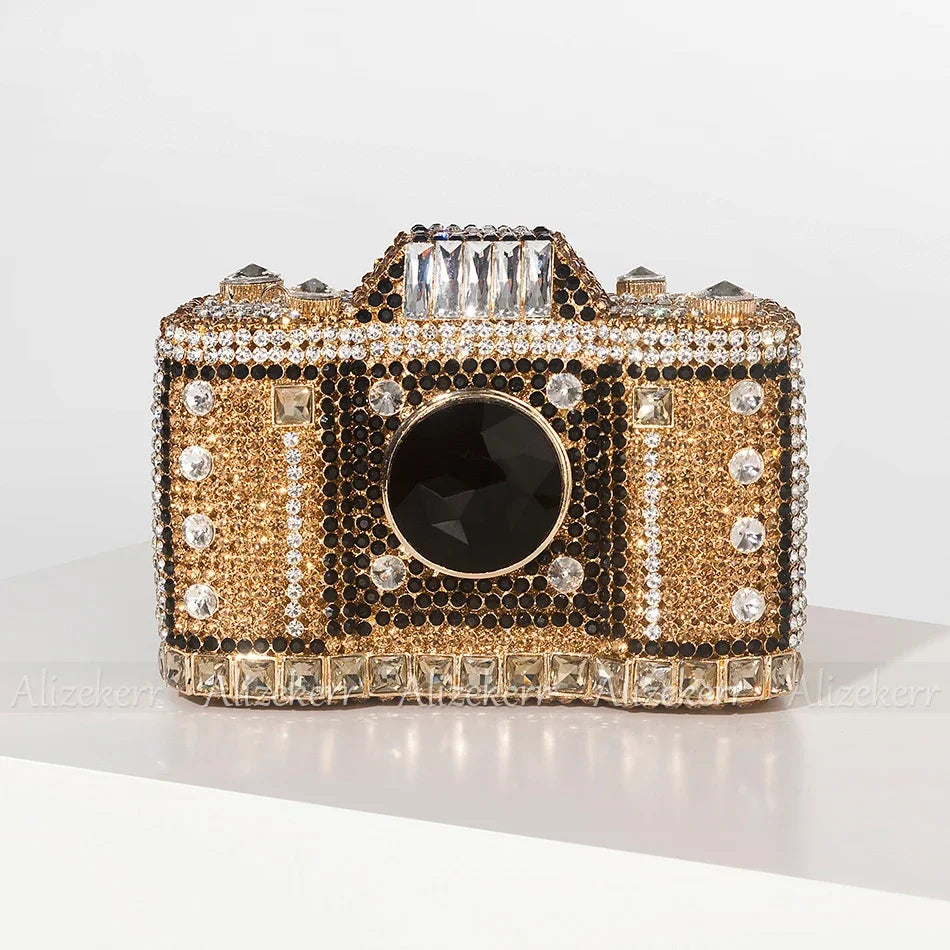Camera Shaped Diamond Evening Clutch Bags 2024 New Boutique Novelty Metallic Rhinestone Purses and Handbags Bridal Wedding Party