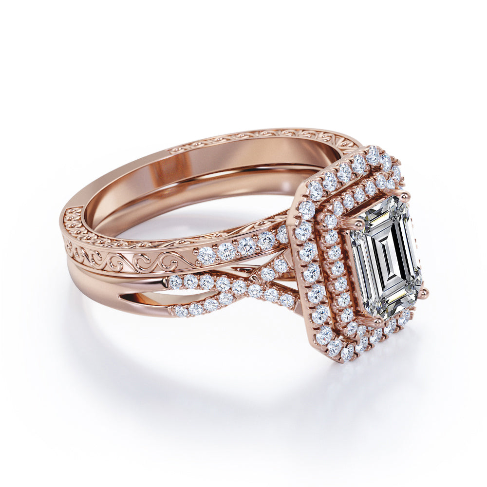 Twisted - 2 Carat Emerald Cut - Filigree Band - Double Halo Design Wedding Ring Set - 18K Rose Gold Plating over Silver