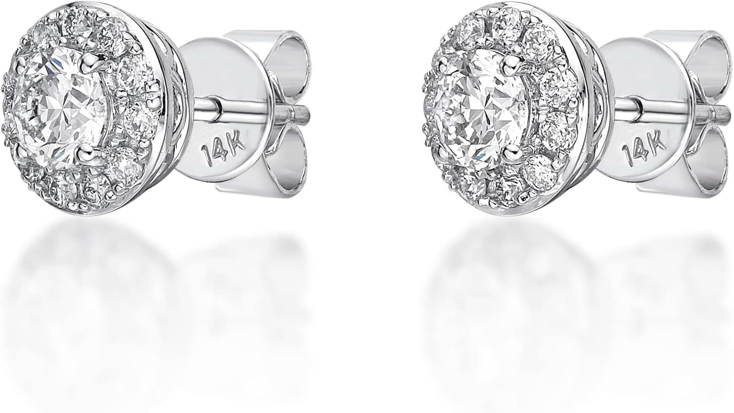 1/2 to 1 Carat Lab Grown Diamond round Halo Stud Earrings for Women in 14K White Gold (G-H, VS2-SI1, Cttw) Post with Friction Back by