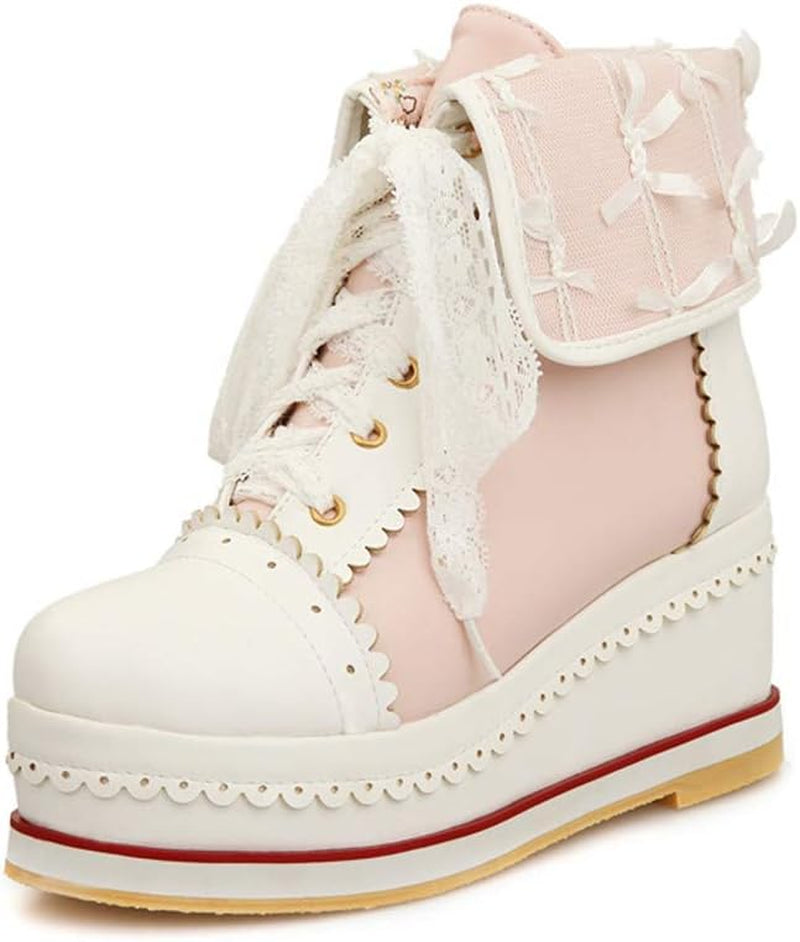 Women'S Cute Lolita Boots Cosplay Brogue Wedge Boots