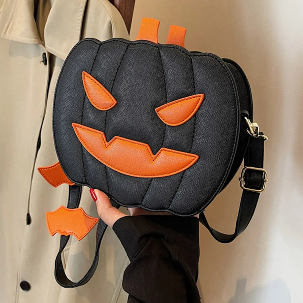 Women Novelty Pumpkin Purse PU Leather Demon Messenger Bag with Zipper Adjustable Strap Halloween Funny Bag