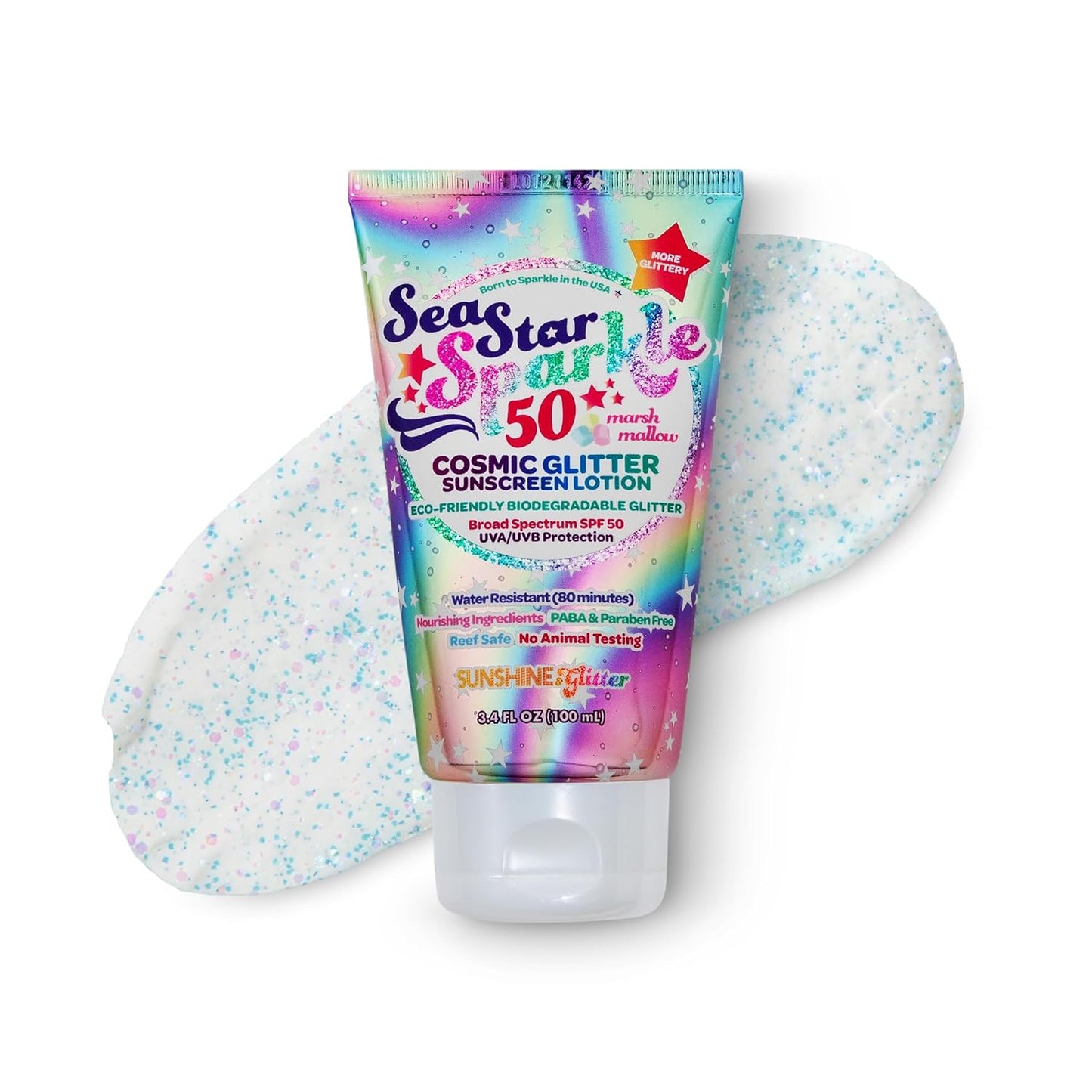Seastar Sparkle - Cosmic Marshmallow Scented Glitter Sunscreen Lotion - SPF 50 - Biodegradable Sunscreen, Kids, Water Resistant, Glitter Lotion, Cruelty Free, Kids Lotion, Made in USA, 3.4Oz