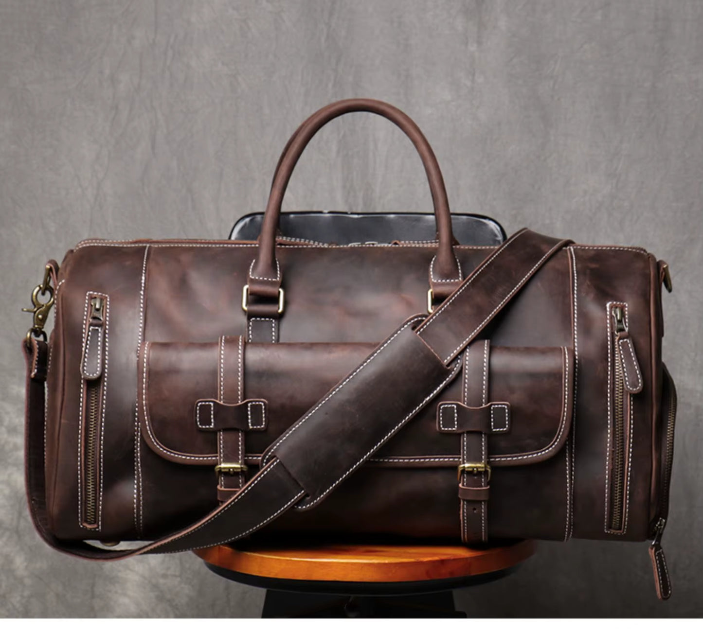 Vintage Crazy Horse Genuine Leather Travel Bag Large Luggage Bag Men Leather Duffle Bag Large Weekend Bag Tote Big