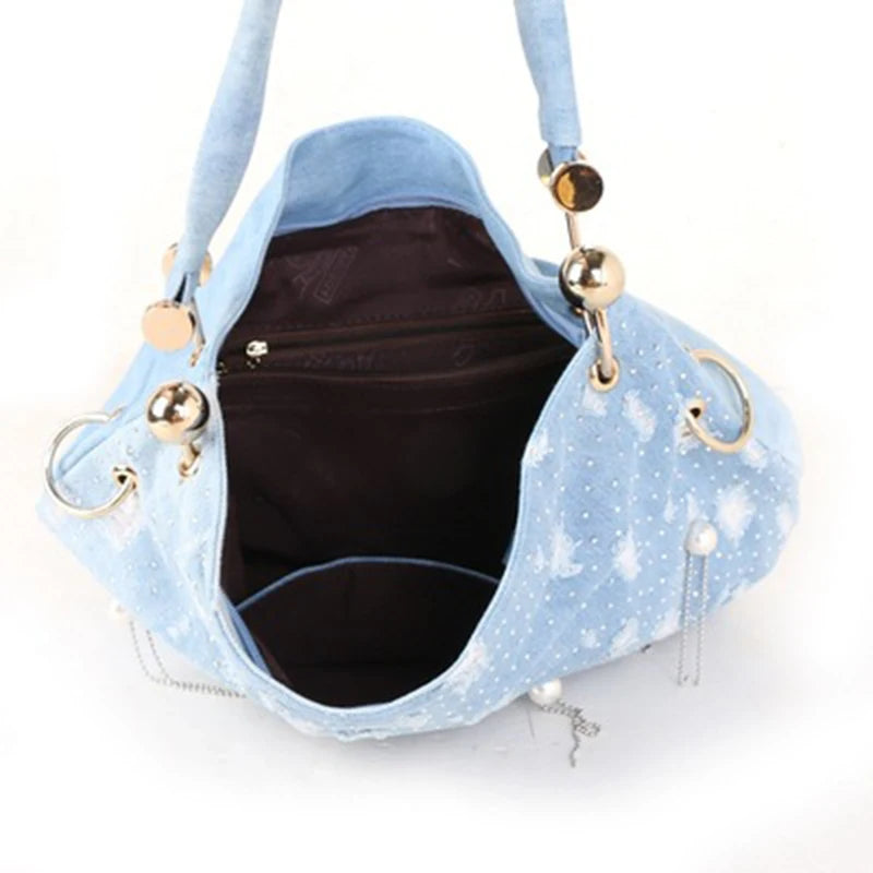 Luxury Pearl Denim Shoulder Bag for Women - High-Quality Designer Crossbody Handbag - Alrickas’ UNIQUE BOUTIQUE