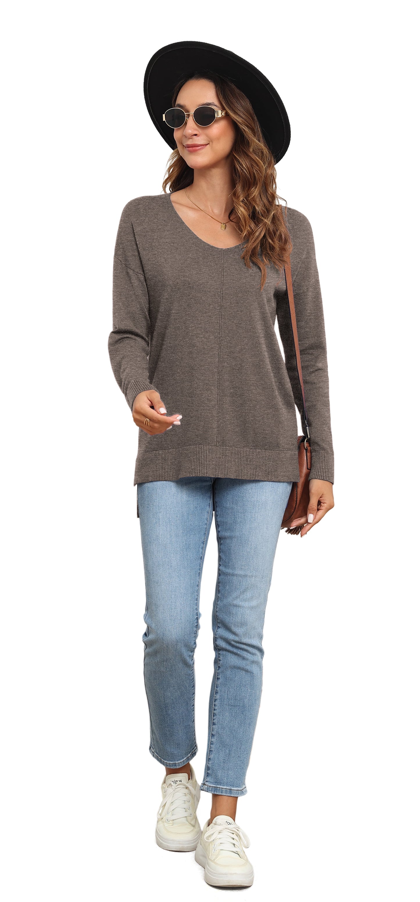V Neck Sweaters for Women Fall Lightweight Knit Pullover Sweater Tops,Us Size S-2XL in Brown