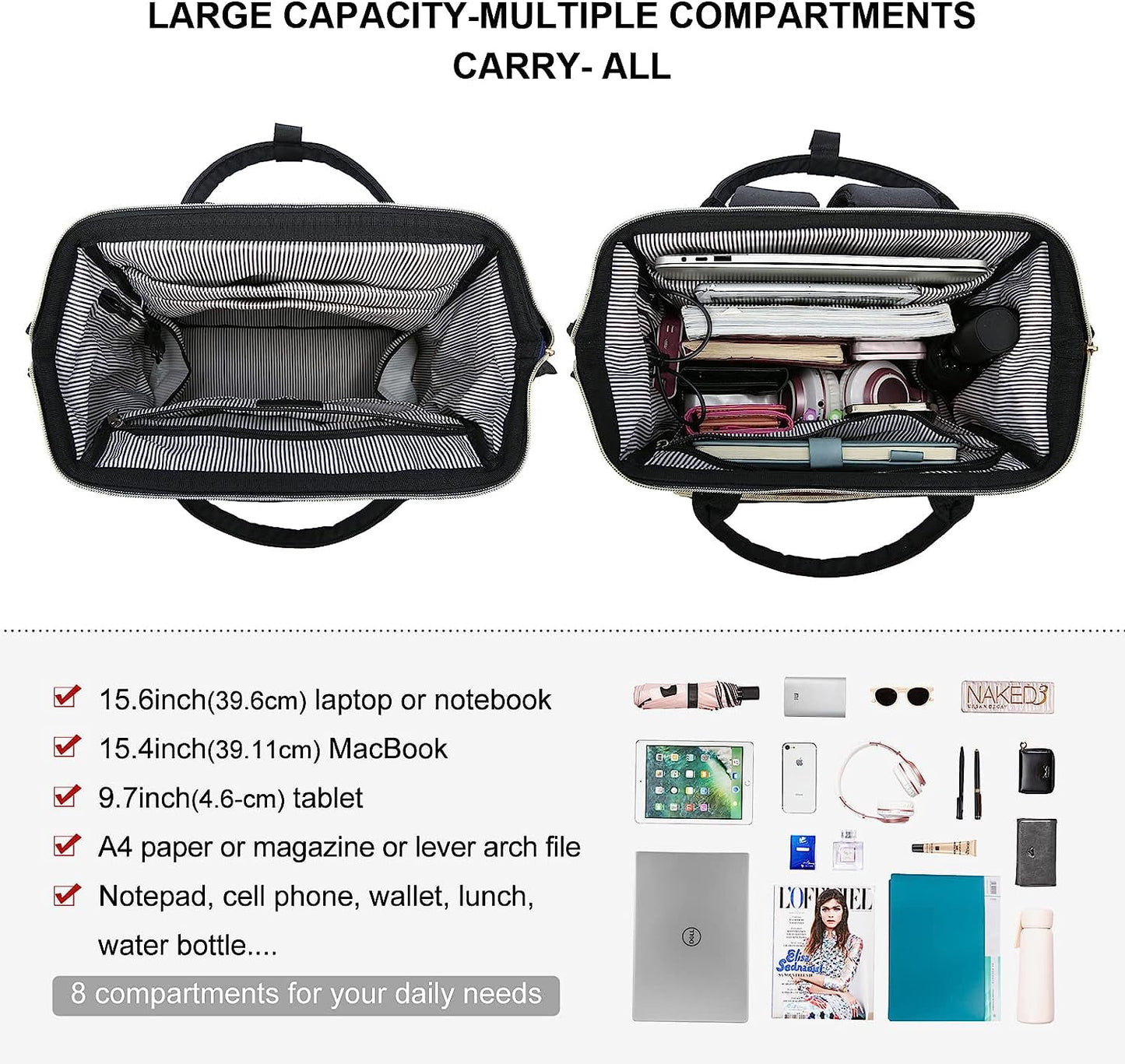 Laptop Bag 15.6",Women Work Computer Bag Teacher Nurse Backpack Purse with Usb,Waterproof Travel Backpack College Bookbag(Dark Purple-Black)