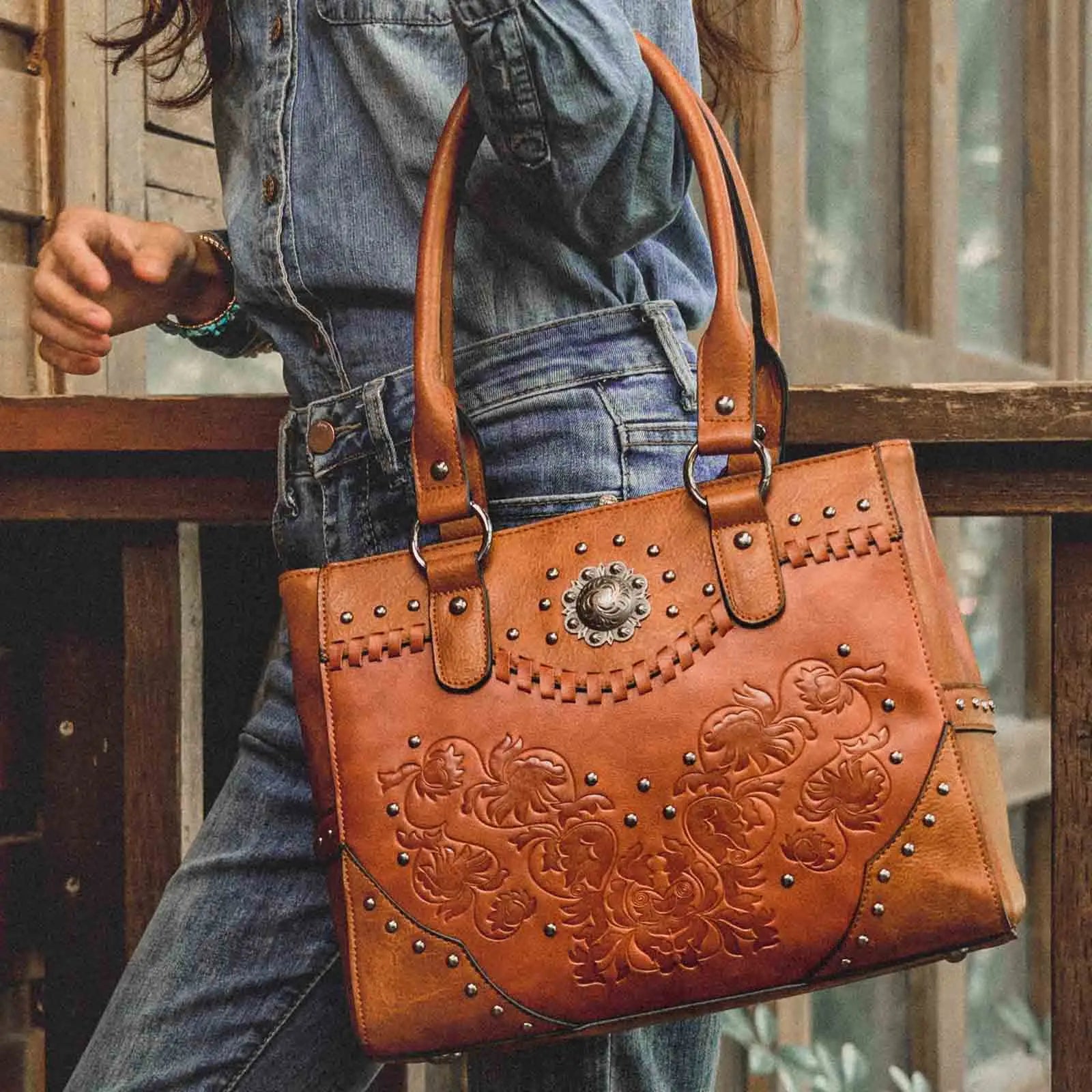 Celela Vintage Leather Shoulder Tote Bag for Women - Large Western Purse with Embossed Concho Studs - Alrickas’ UNIQUE BOUTIQUE