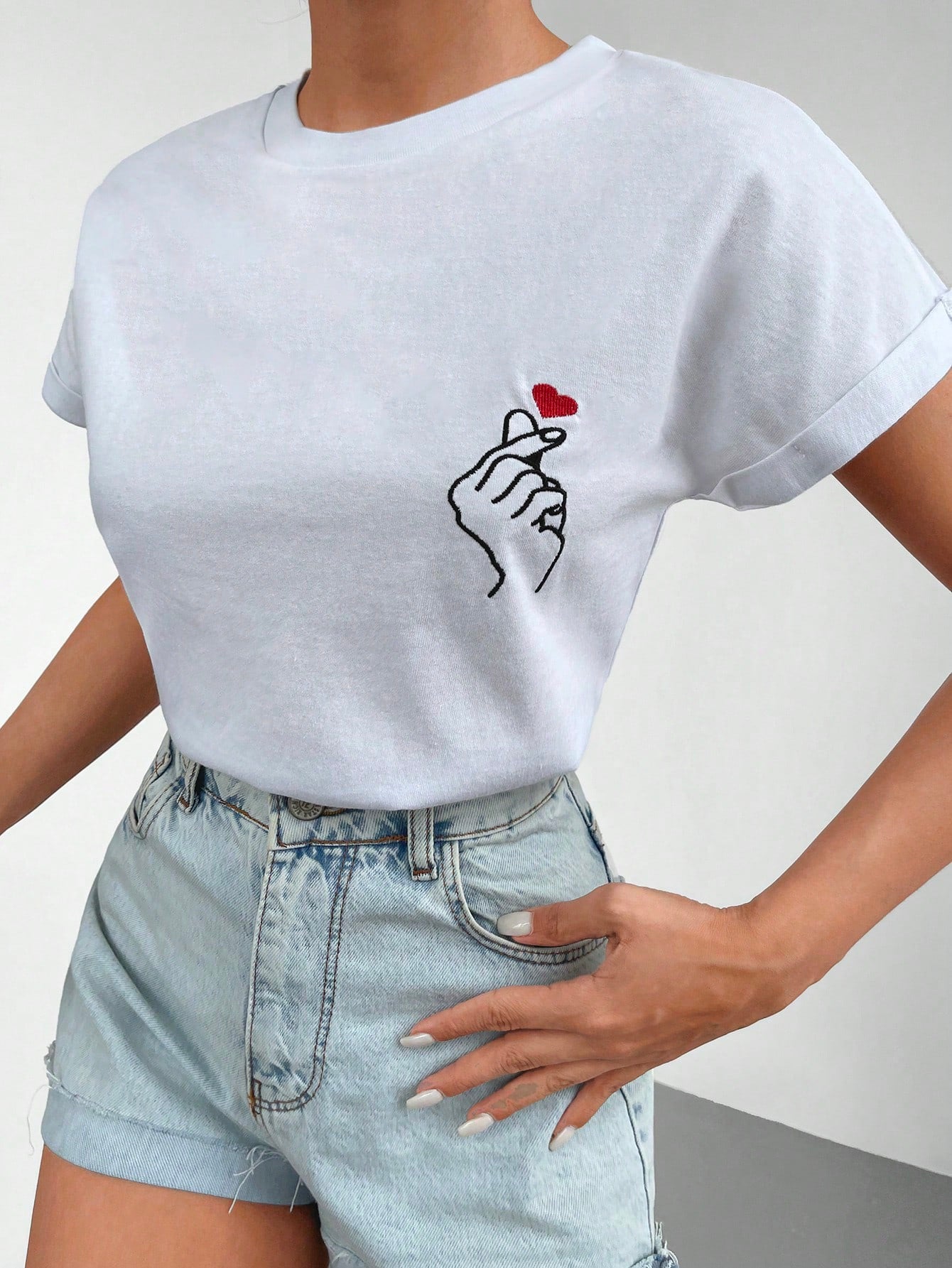 Heart & Hand Print Batwing Sleeve Tee