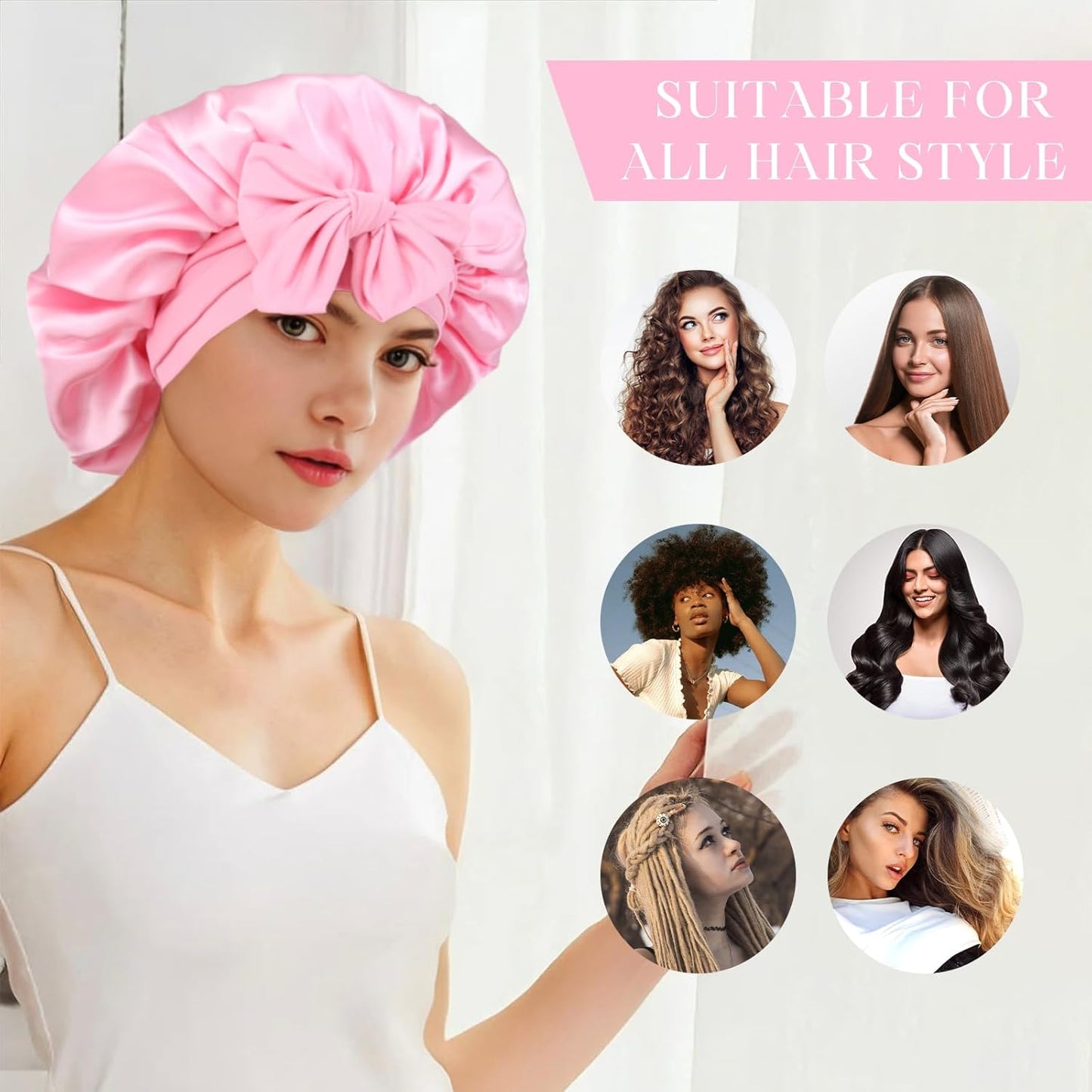 Silk Double Layer Satin Hair Bonnet with Elastic Tie Band for Curly Hair - Adjustable, Pink