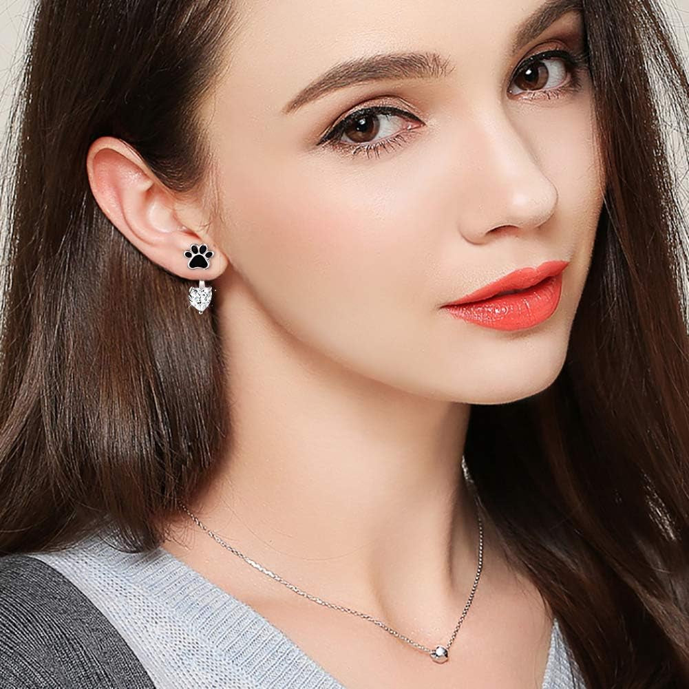 Sterling Silver Forever Love Front and Back Heart Stud Puppy Paw Earrings Jacket for Women