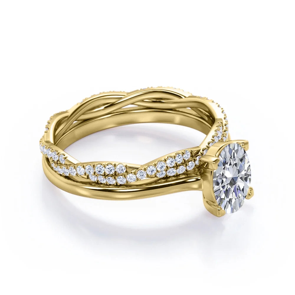4 Prong Set - 1.75 Carat Oval Shape - Pave Twisted Shank Wedding Set - 18K Yellow Gold Plating over Silver (CUSTOMIZE YOUR WEDDING RING BAND)
