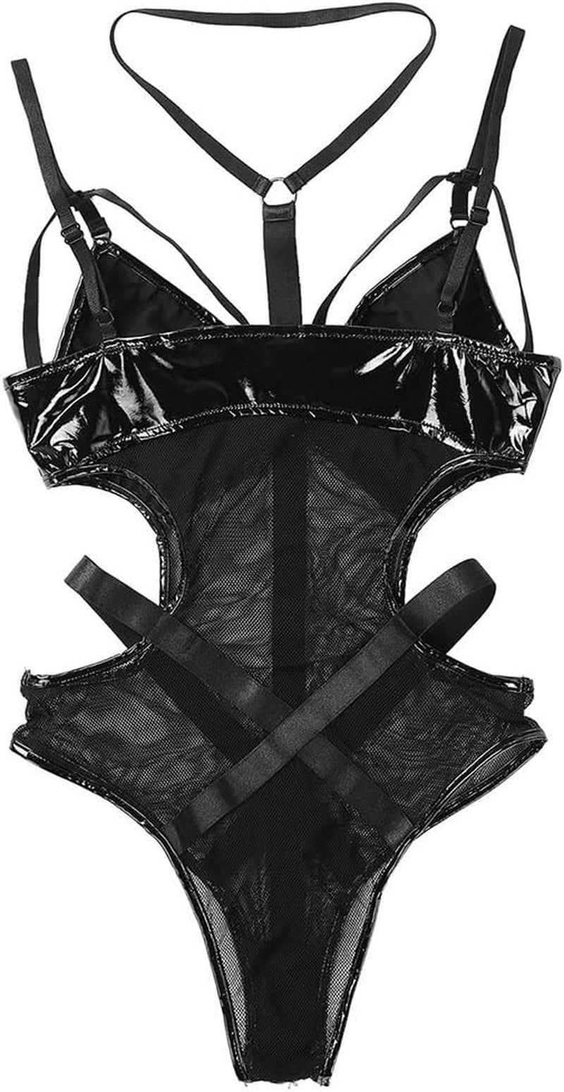 Women’S Wet Look Lingerie Leather Bodysuit Mesh Patchwork Halter Neck High Cut Leotard Bodysuit Clubwear