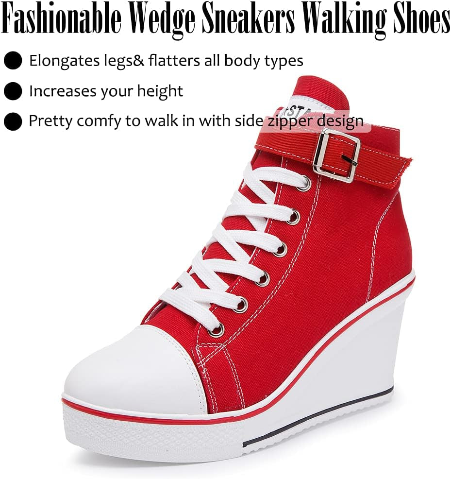 Stylish Wedge Heel Sneakers for Women - High Heel Canvas Shoes with Side Zipper & Lace-Up Design for College Students - Alrickas’ UNIQUE BOUTIQUE