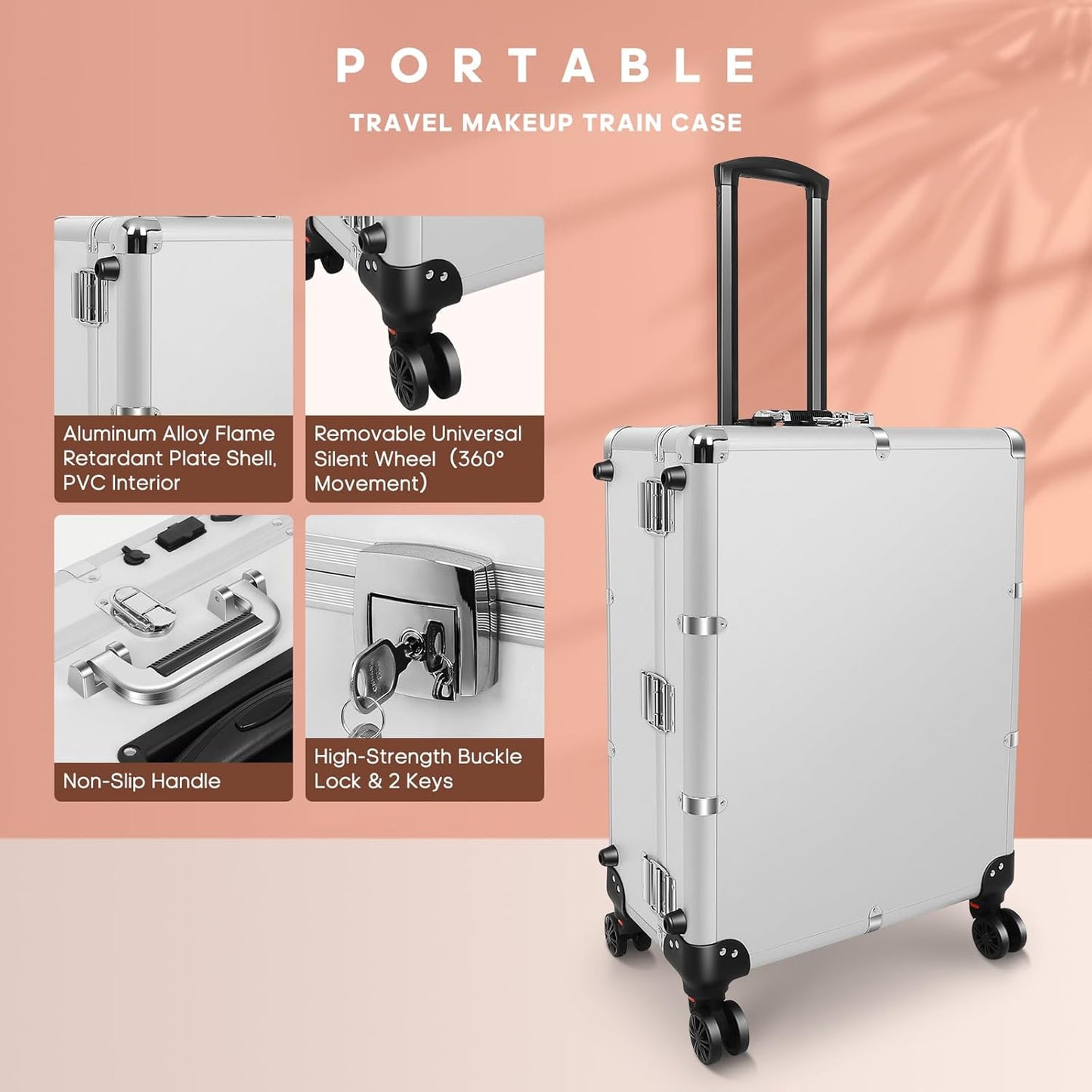 24'' Aluminum Trolley Makeup Train Case with LED Light Professional Cosmetic Make up Cosmetic Organizer Studio