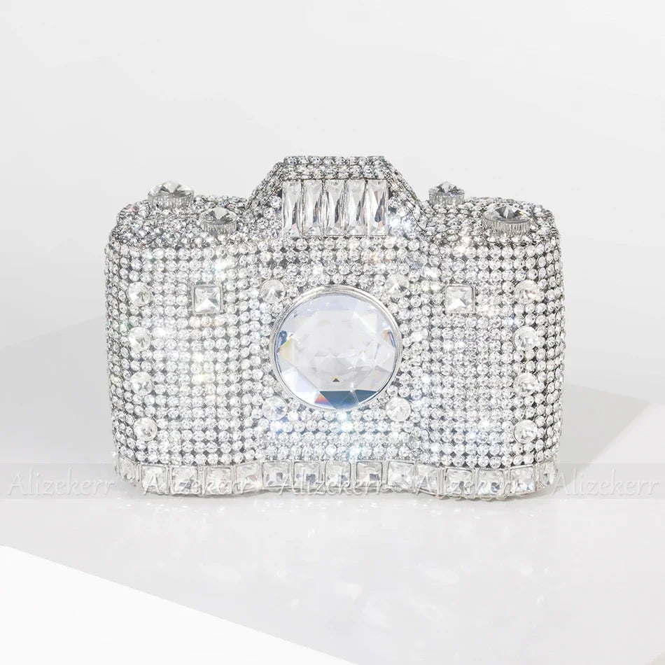 Camera Shaped Diamond Evening Clutch Bags 2024 New Boutique Novelty Metallic Rhinestone Purses and Handbags Bridal Wedding Party