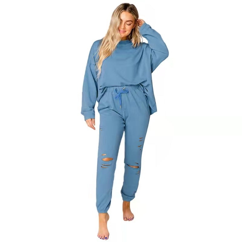 Chic Women's Ripped Round Neck Pullover & Pants Set - Casual Long Sleeve Cotton Sweatshirt Suit - Alrickas’ UNIQUE BOUTIQUE