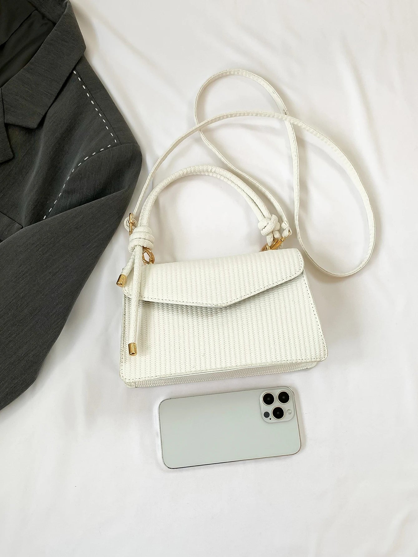 New White Vintage Knitted Texture Women'S Handbag Shoulder & Crossbody Bag