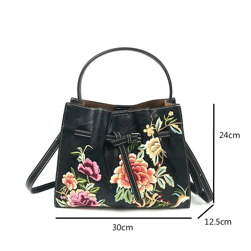Chinese Style Embroidery Women Shoulder Bag for Ladies Handbags Leather Women'S Luxury Designer Handbag White Big Bags