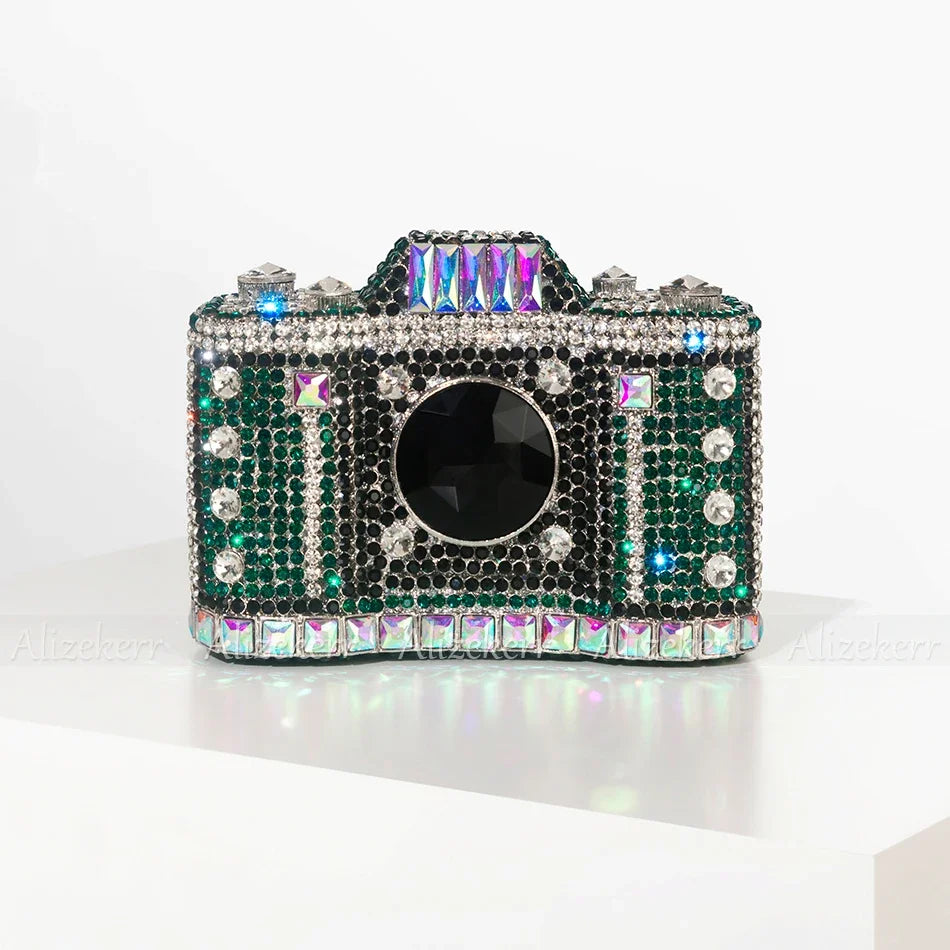 Camera Shaped Diamond Evening Clutch Bags 2024 New Boutique Novelty Metallic Rhinestone Purses and Handbags Bridal Wedding Party