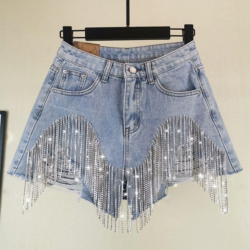 Fringed Chain Jeans Women's High Waist Slim Se Xy Shorts European And American Style Heavy Industry Beading Tide