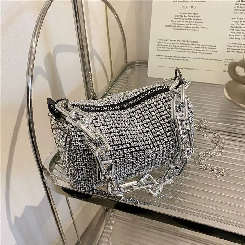 Sparkling Rhinestone Bucket Bag - Glamorous Glitter Chain Mini Crossbody Purse for Women (6.3 x 3.54 Inches) - Alrickas’ UNIQUE BOUTIQUE