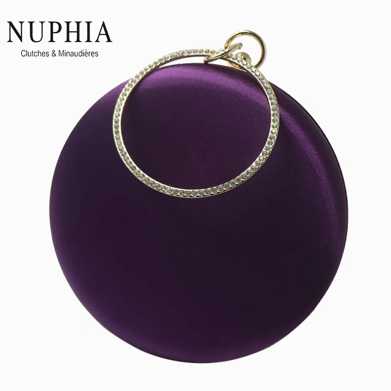 New Silk Satin round Circular Women Fashion Day Clutches Wristlets Handbag Purse Party Prom Evening Clutch Bag Purple