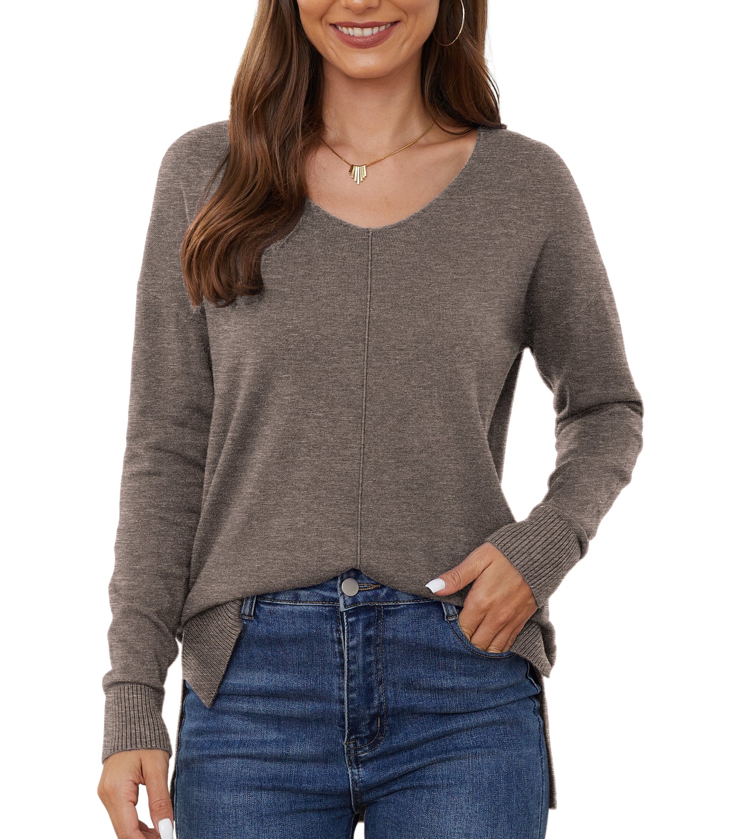 V Neck Sweaters for Women Fall Lightweight Knit Pullover Sweater Tops,Us Size S-2XL in Brown