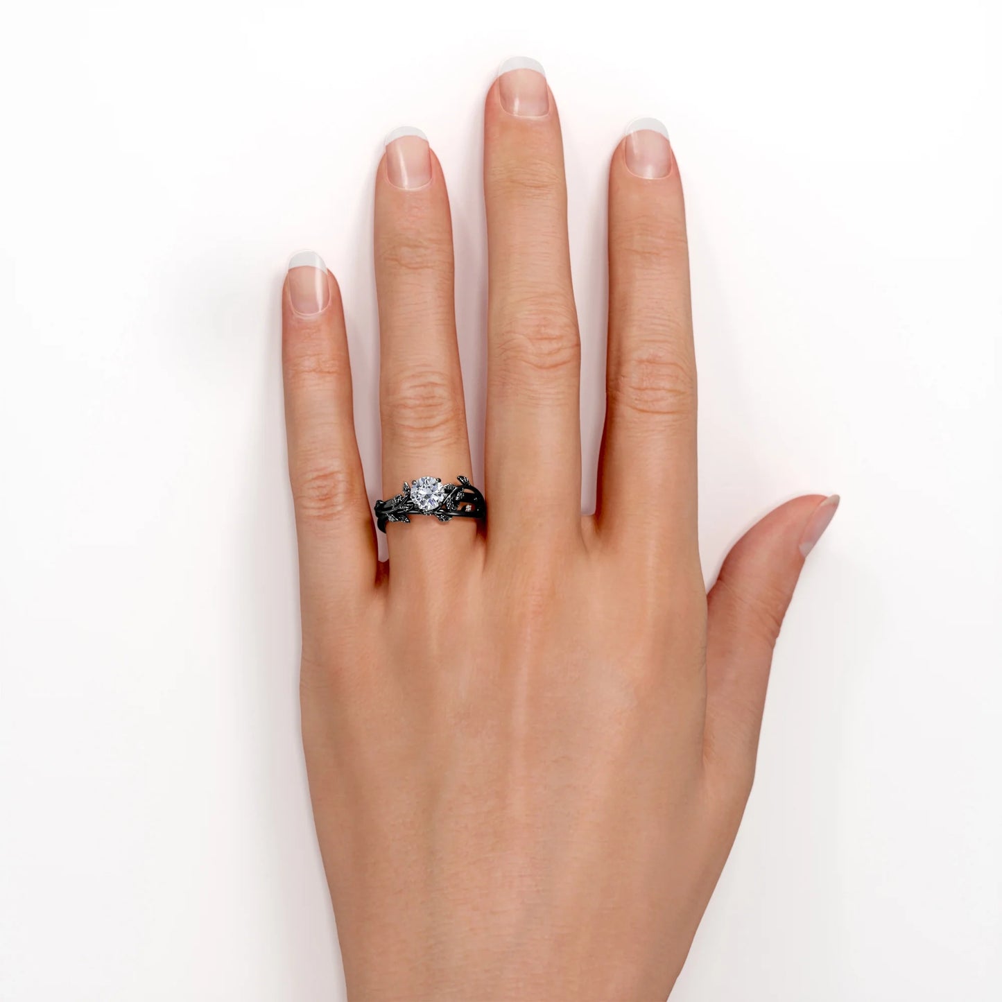 0.50 Carat round Shape - Tree Leaves Design Wedding Set - Nature Inspired Bridal Ring - 18K Black Gold Plating over Silver