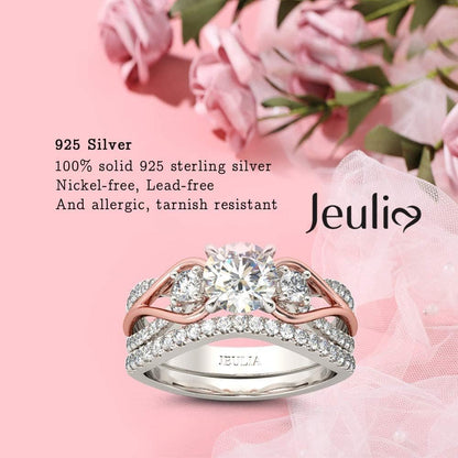 Two Tone Rings for Women Rose Gold Three Stone round Cut Engagement Rings Sterling Silver Halo Bridal Ring Set Anniversary Promise Wedding Ring with Jewelry Gift Box