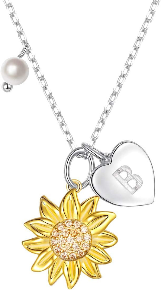 Sterling Silver Gold Tone Sunflower Initial 26 Letter Script Name Alphabet a to Z Necklace Personalized Pendant