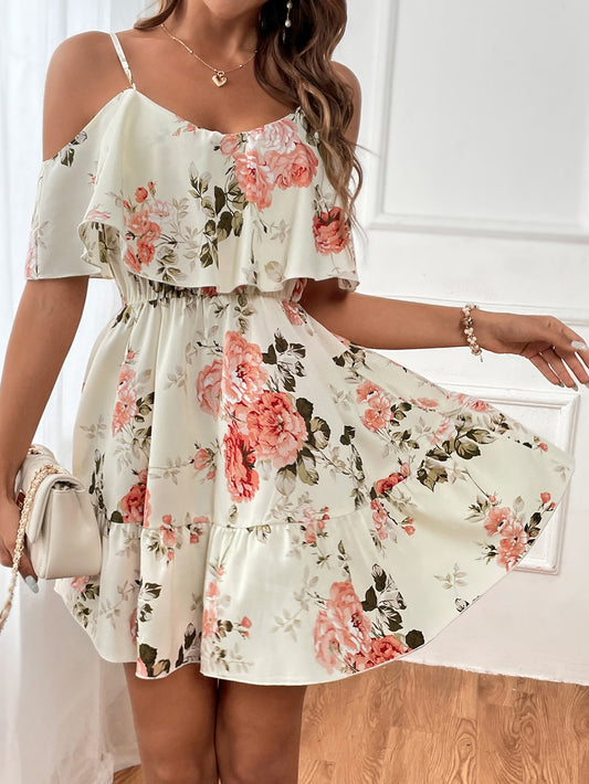 Clasi Romantic Flower and Plant Printed Off-The-Shoulder Ruffle Strap Vacation Summer Dress Dresses Graduation,Summer Dresses for Women