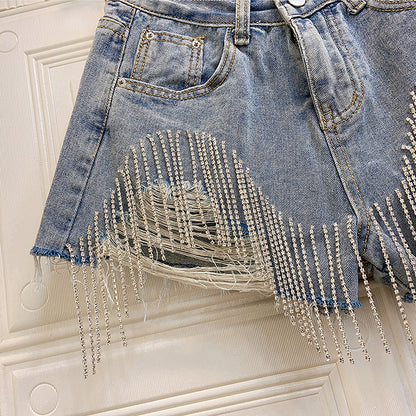 Fringed Chain Jeans Women's High Waist Slim Se Xy Shorts European And American Style Heavy Industry Beading Tide