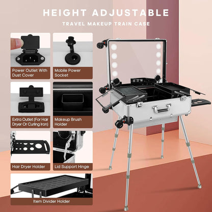 24'' Aluminum Trolley Makeup Train Case with LED Light Professional Cosmetic Make up Cosmetic Organizer Studio