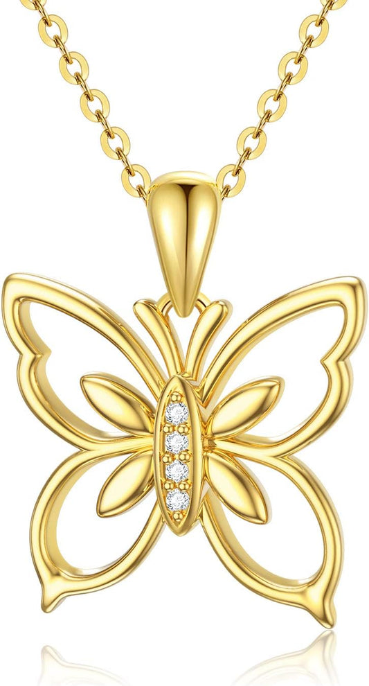 14K Solid Gold Diamond Butterfly Necklace, Genuine Natural Diamonds Delicate Yellow Gold Butterfly Pendant Jewelry Gift for Women Girls 16+2 Inch