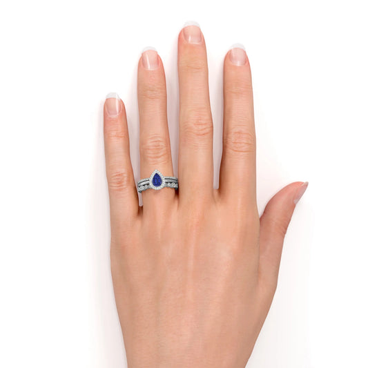 1.5 Carat Pear Shaped Antique Cornflower Lab Created Blue Sapphire Wedding Trio Ring Set in 18K White Gold over Silver