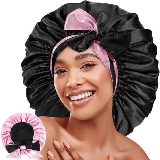Jumbo Bonnet,Reversible Double Layer Satin Bonnet for Black Women,Adjustable Extra Large Sleeping Satin Lined Bonnet,Silk Bonnet Night Cap with Wide Tie Band for Braids Long Curly Hair(Black Pink)