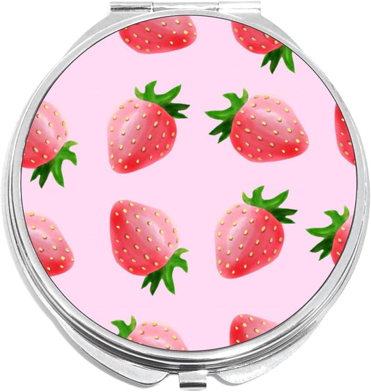 Strawberry Pattern Compact with Mirrors - Perfect Pocket and Purse Size Folding Mirror for Applying Make up Anywhere