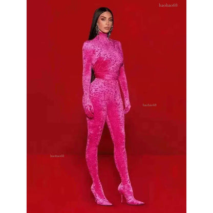 Women S Jumpsuits Rompers Celebrity Fashion Jumpsuit Rosered Color Velvet Women Long Sleeve Sexy Bodycon Full Length Red Carpet Wear 231005
