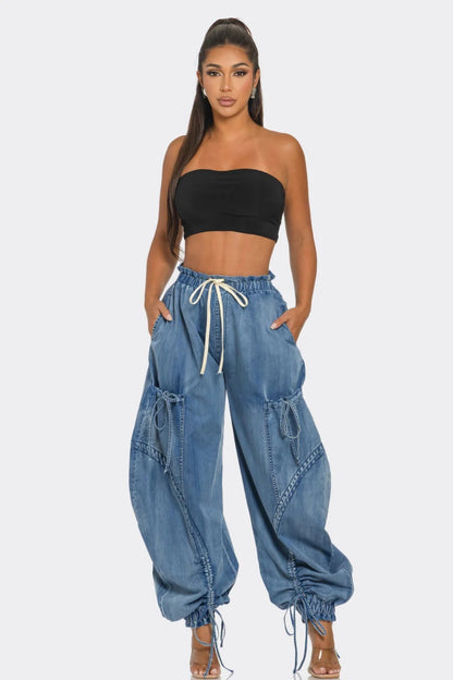 Rope Adjustable Elastic Waist Drawstring Lace-up Ankle-tied Bow Loose Jeans