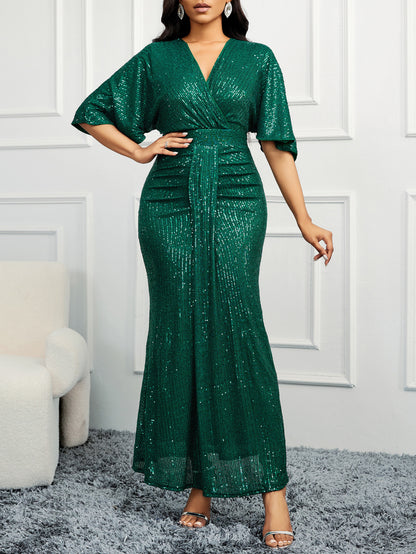 High Waist V-neck Pure Color Sequins Shoulder Sleeve Dress Women's Long Formal Dress