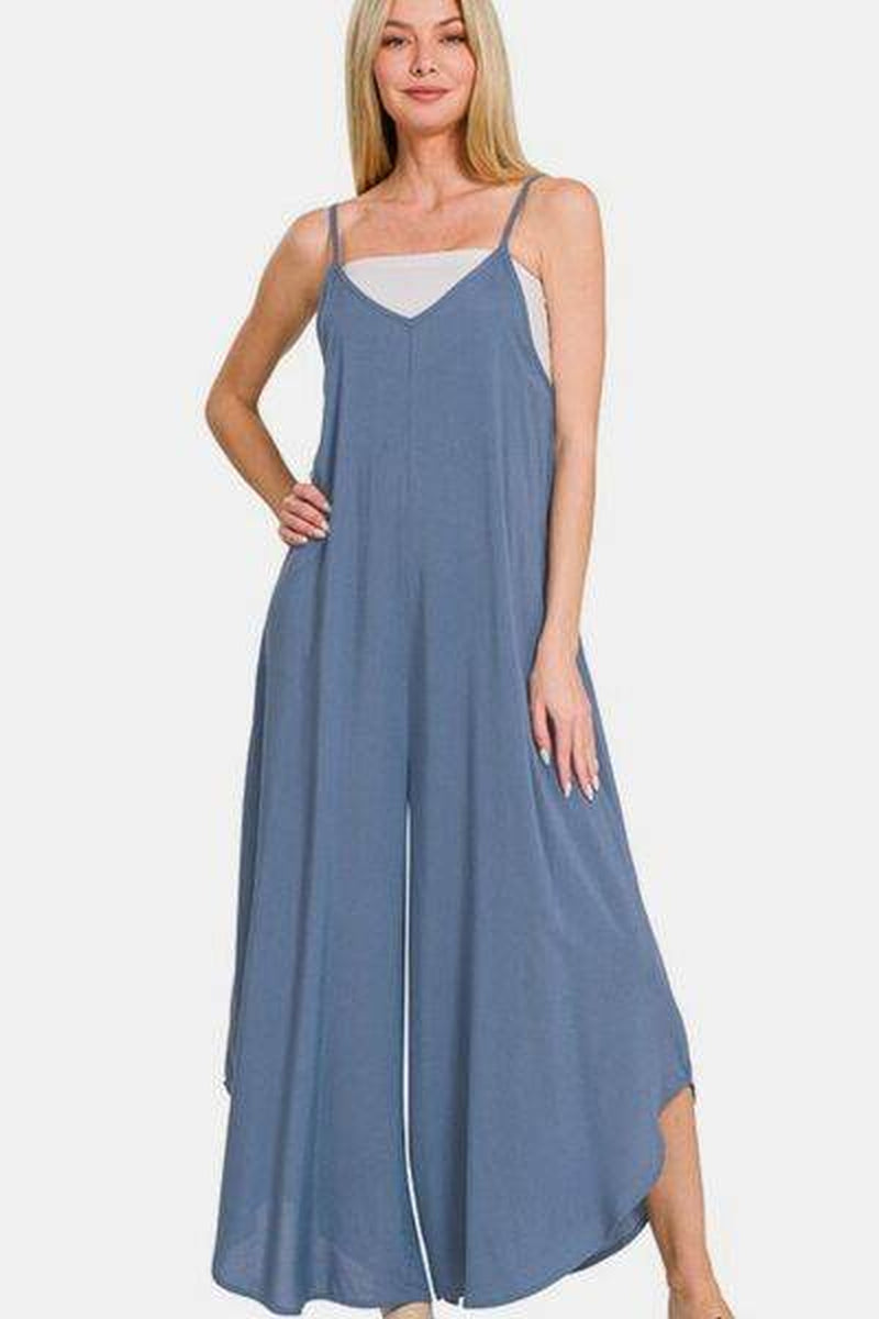 Zenana Wide Leg Overalls with Pockets - Spaghetti Strap Design
